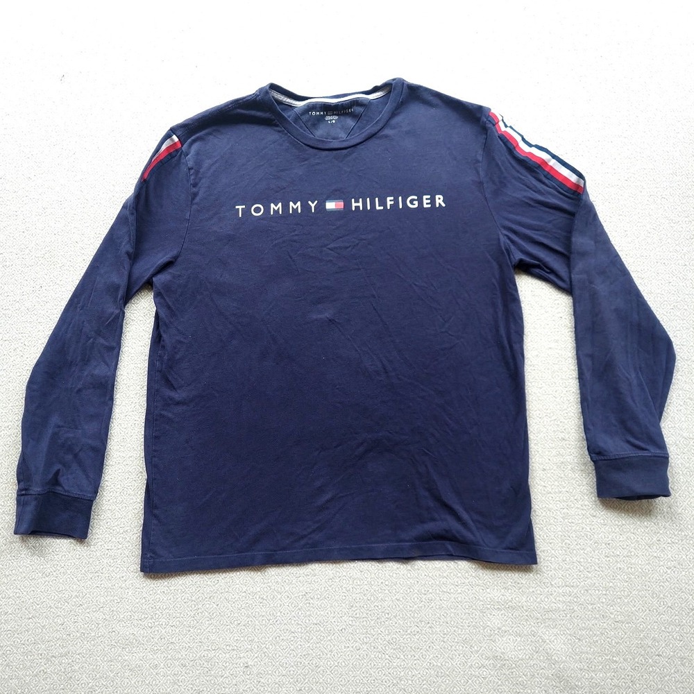 Tommy Hilfiger T-Shirt Mens L Navy Logo Long Sleeve Striped Tape Cotton Tee